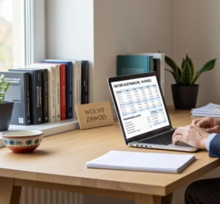 Freelancer przy komputerze zarządzający fakturami i płatnościami